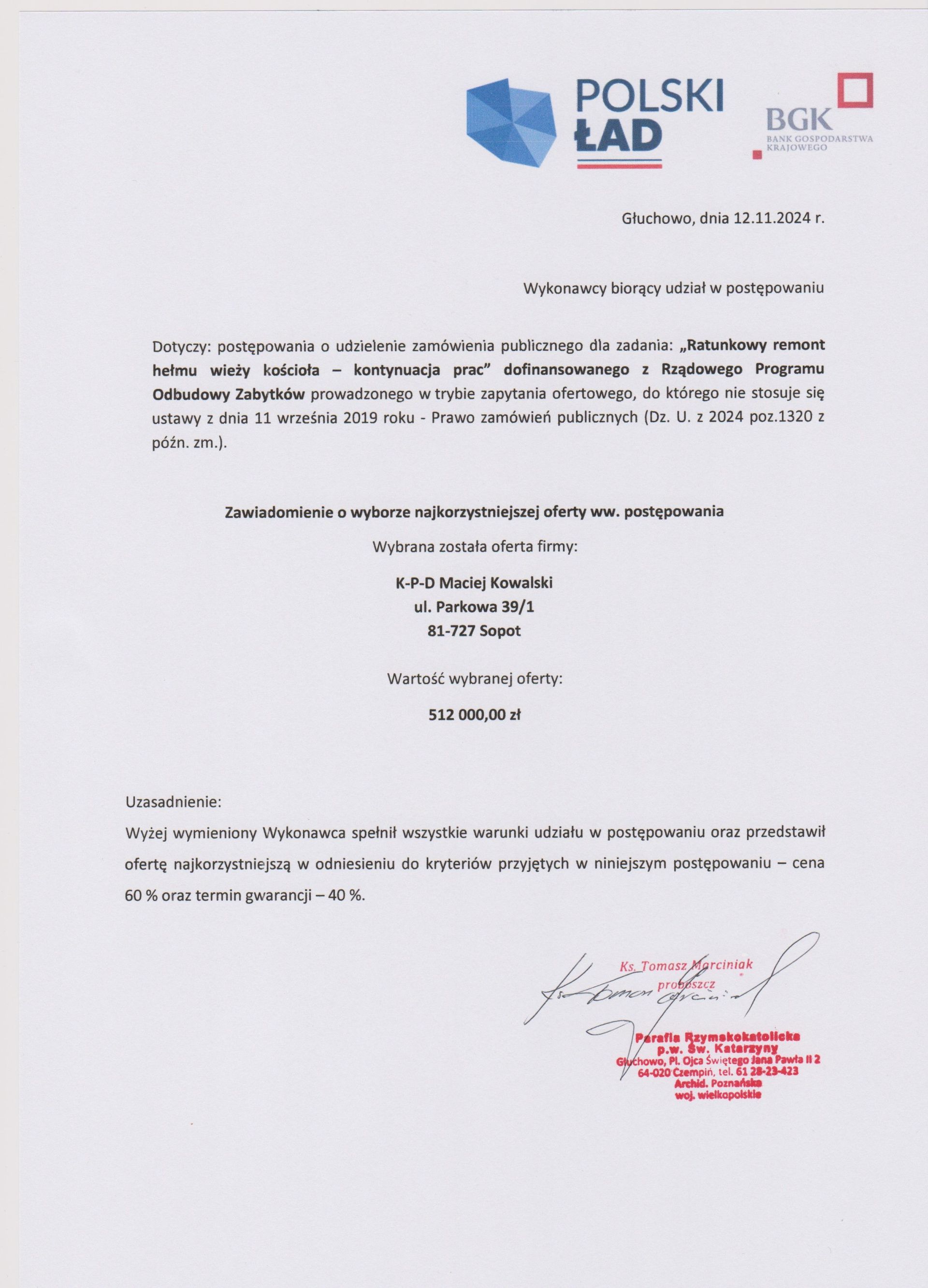 Zawiadomienie o wyborze wykonawcy